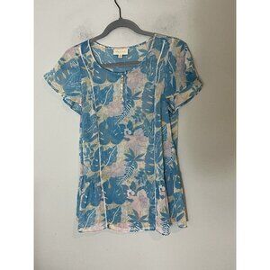 Modcloth Blue Floral Ruffle Sheer Blouse Women's Size Small